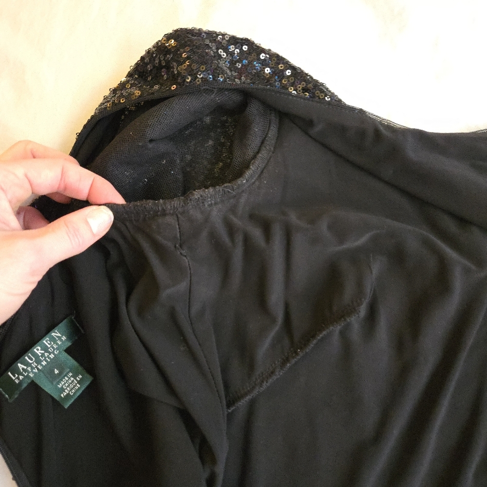 Lauren Ralph Lauren Black Sequin Cocktail Dress Long Sleeve Evening MI3 - Picture 13 of 13